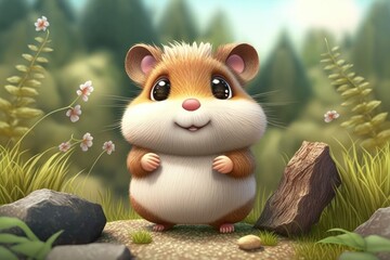 a cute adorable hamster character  stands in nature in the style of children-friendly cartoon animation fantasy generative ai 3D style Illustration 	