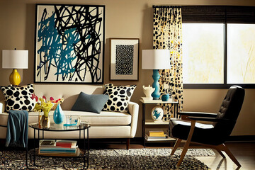 Interior design of a living room showcasing the chaotic energy of dripped and splattered paintings | Living room with bold, abstract patterns with comfortable sofa and textured rug | Generative Ai