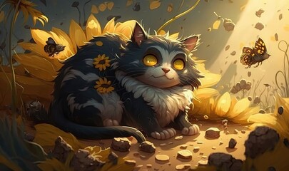 Fototapeta premium a cat sitting in a field of sunflowers and butterflies. generative ai