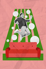 Vertical collage picture of overjoyed black white gamma guy raise fists jumping painted new sofa...