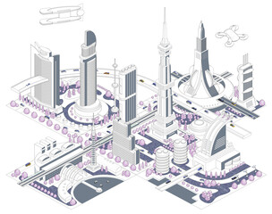ブロックのように組み合わせれば大きな未来都市になる街並みイラスト「ブロックタウン未来都市B 」バリエーションあり