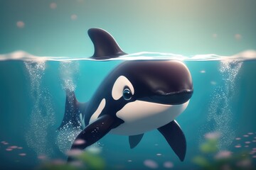 a cute adorable whale character  underwater  in the style of children-friendly cartoon animation fantasy generative ai 3D style Illustration 	