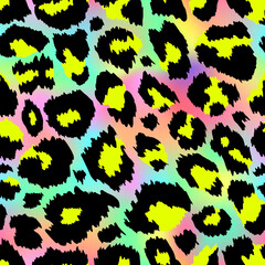 Trendy Neon Leopard seamless pattern. Vector rainbow wild animal cheetah skin, gradient leo texture with black and yellow spots on rainbow for fashion print design, wrapping paper, background, textile