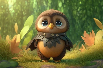 Gordijnen a cute adorable owl character  stands in nature in the style of children-friendly cartoon animation fantasy generative ai 3D style Illustration   © Ecleposs