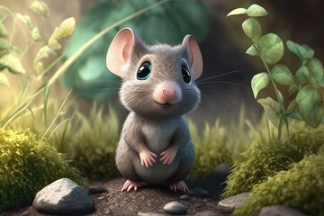 a cute adorable mouse character  stands in nature in the style of children-friendly cartoon animation fantasy generative ai 3D style Illustration 	