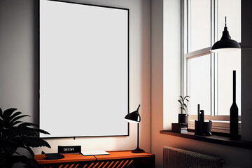 Interior design of a minimalist living room with a big blank poster frame mockup | Modern and luxurious living room | Mockup of a photo frame | Generative Ai | Black and white theme