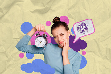 Composite collage picture of unsatisfied girl hand hold bell ring alarm clock isolated on creative background