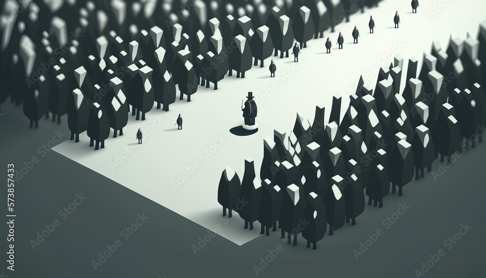Poster a group of people standing in a line in the snow with a man standing in the middle of the line low p