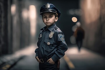 cute boy wearing police officer uniform, adorable cop on duty patrol at city street , Generative Ai - obrazy, fototapety, plakaty