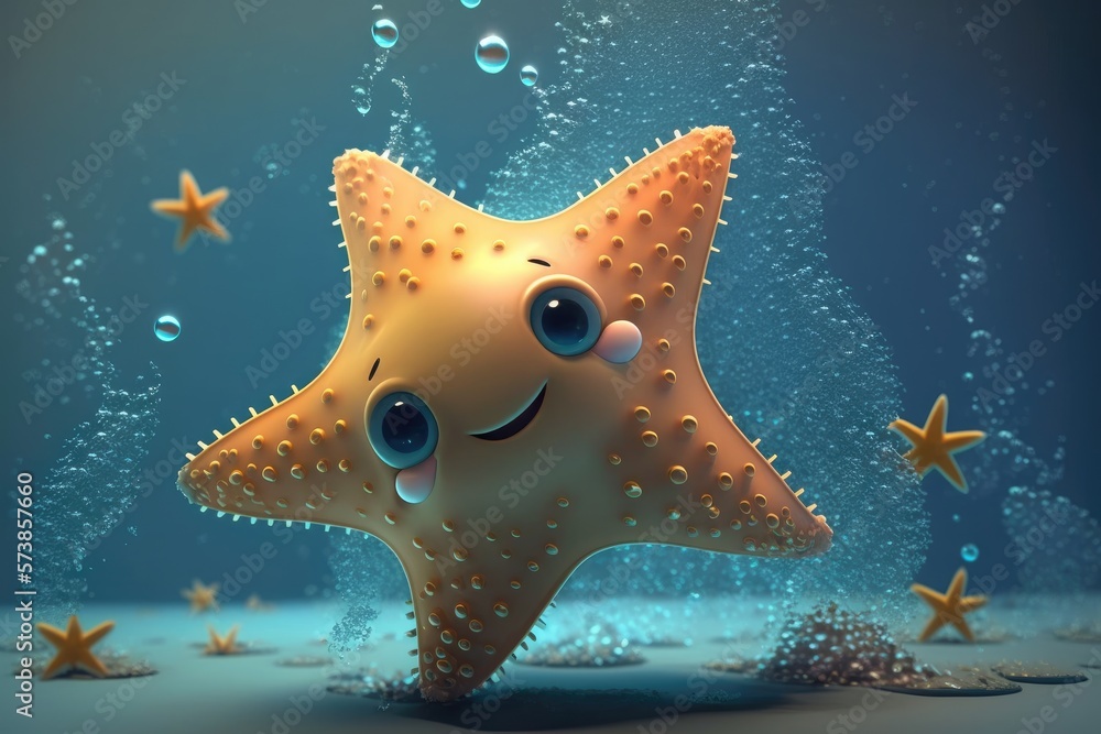 Wall mural a cute adorable starfish character  underwater  in the style of children-friendly cartoon animation fantasy generative ai 3D style Illustration 	