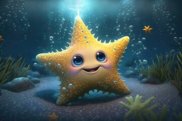 a cute adorable starfish character  underwater  in the style of children-friendly cartoon animation fantasy generative ai