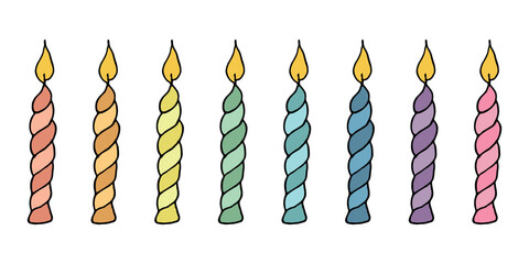 Burning birthday candle set. Doodle illustration. Hand drawn clipart for card, logo, design