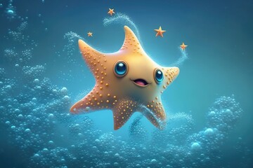 a cute adorable starfish character  underwater  in the style of children-friendly cartoon animation fantasy generative ai 