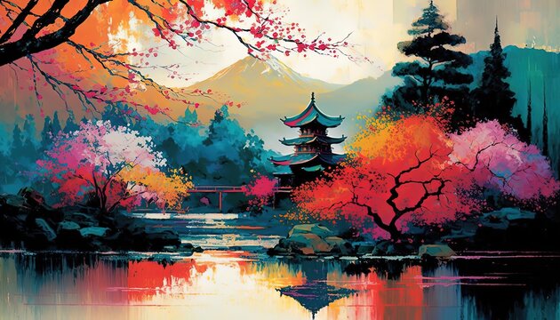 paint like illustration of Ancient Japanese style building with nature background, Generative Ai