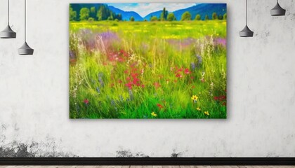  a painting of a field of wildflowers and mountains.  generative ai