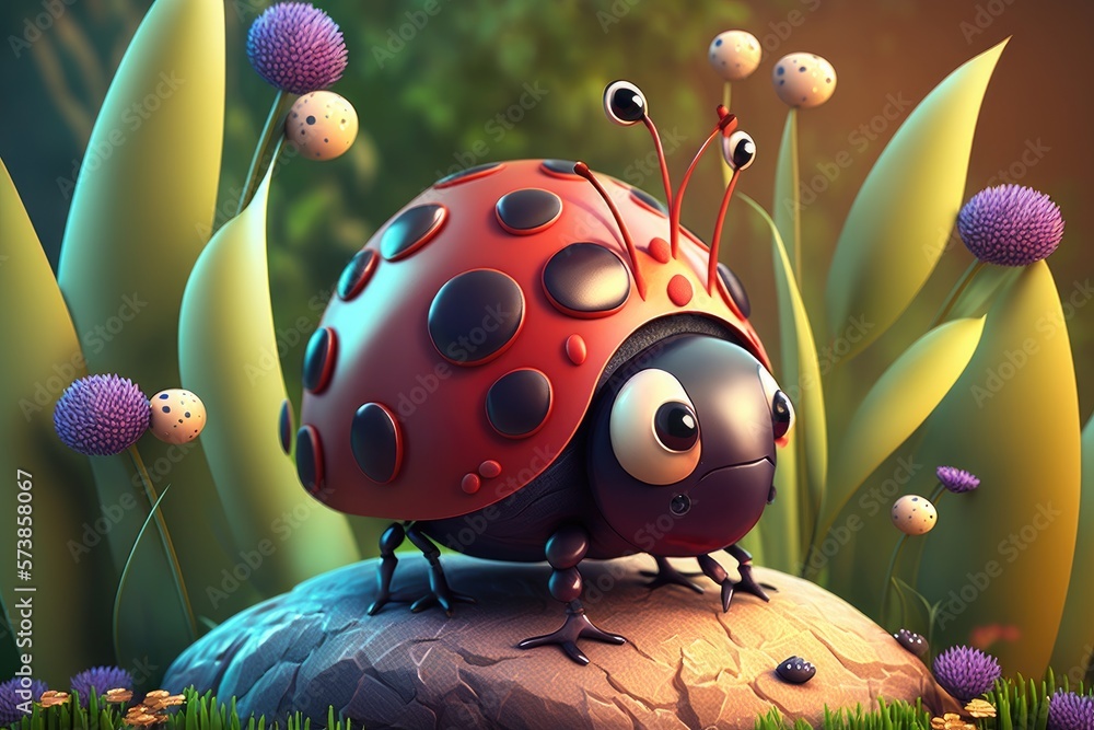 Wall mural a cute adorable ladybug character stands in nature in the style of children-friendly cartoon animati