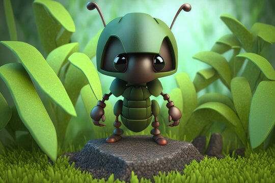 a cute adorable soldier ant character  stands in nature in the style of children-friendly cartoon animation fantasy generative ai 3D style Illustration 	