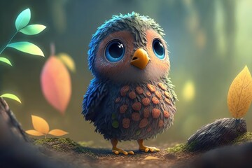 Obraz premium a cute adorable bird character stands in nature in the style of children-friendly cartoon animation fantasy generative ai 3D style Illustration 