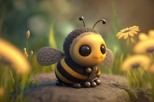 a cute adorable bee character  stands in nature in the style of children-friendly cartoon animation fantasy generative ai 3D style Illustration 	