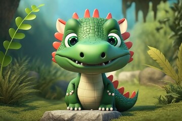 a cute adorable dinosaur  character  stands in nature in the style of children-friendly cartoon animation fantasy generative ai 3D style Illustration 	