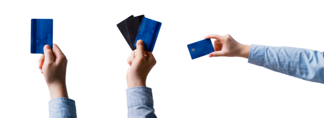 Business man hand holding credit cards. Debit cards in male hands on isolated. Business and Financial concept. png transparent.