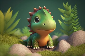 a cute adorable dinosaur  character  stands in nature in the style of children-friendly cartoon animation fantasy generative ai 3D style Illustration 	