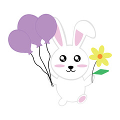 Joyful rabbit with balloons and a flower
