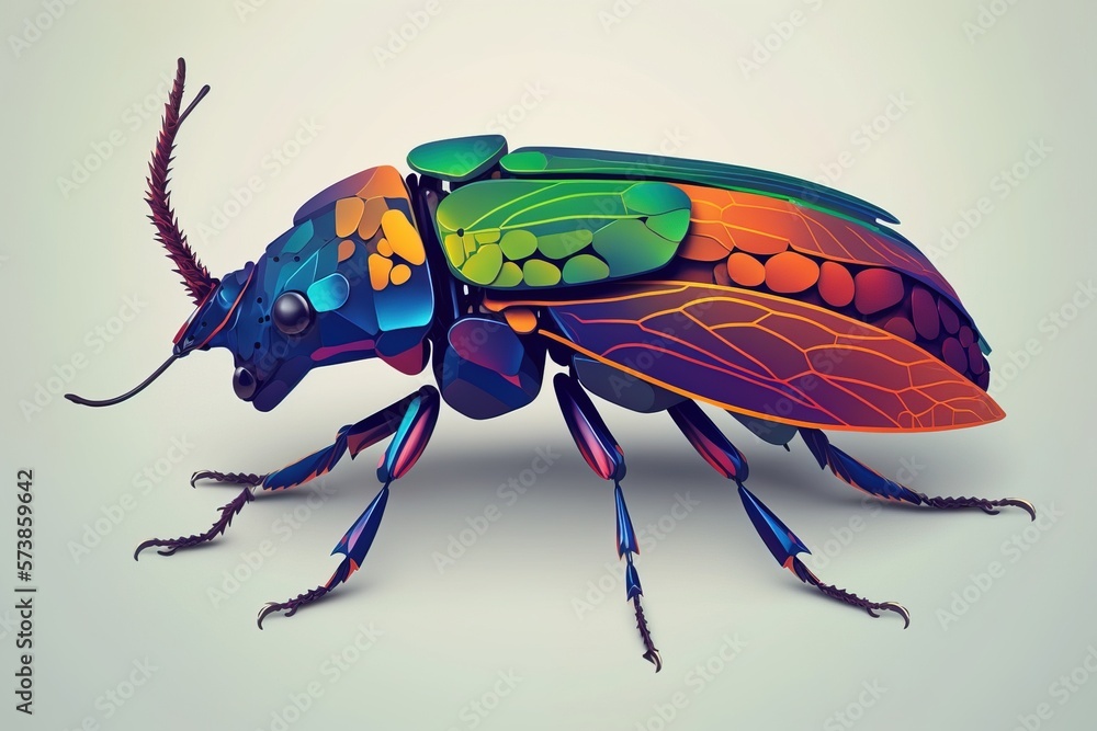 Poster a colorful insect with long legs and a long tail on a white background with a colorful flat surreal 