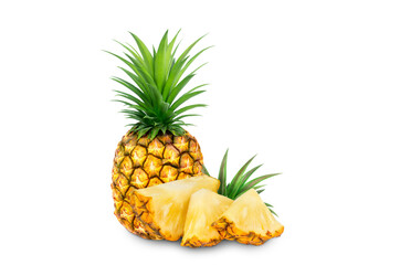whole pineapple and pineapple slice. Pineapple with leaves isolated on transparent background with...