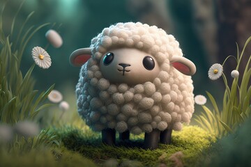 a cute adorable sheep character  stands in nature in the style of children-friendly cartoon animation fantasy generative ai 3D style Illustration 	 - obrazy, fototapety, plakaty