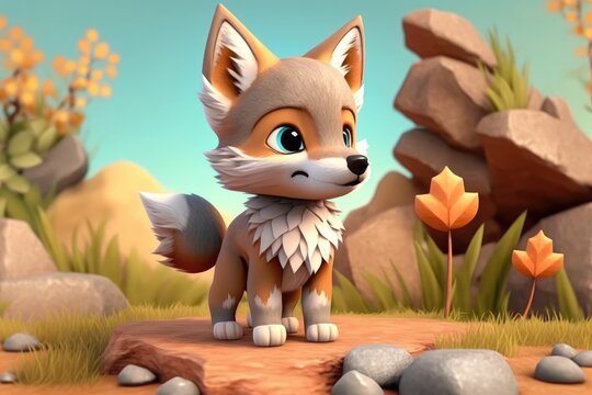 a cute adorable wolf  character  stands in nature in the style of children-friendly cartoon animation fantasy generative ai 3D style Illustration 	