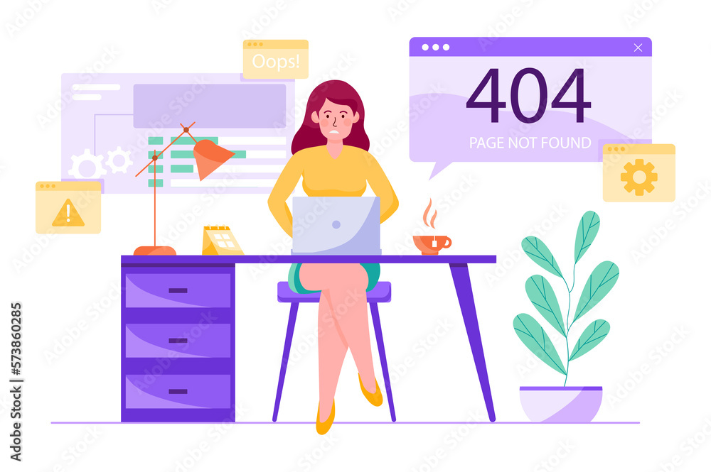 Poster 404 not found purple concept with people scene in the flat cartoon design. programmer works to fix a