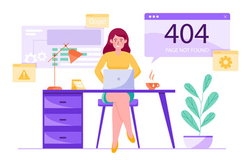 404 not found purple concept with people scene in the flat cartoon design. Programmer works to fix an error while writing a program.
