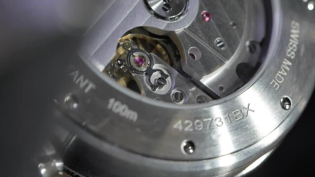 Moving mechanical parts on back of Cartier luxury wristwatch clockwork mechanism, Slow motion