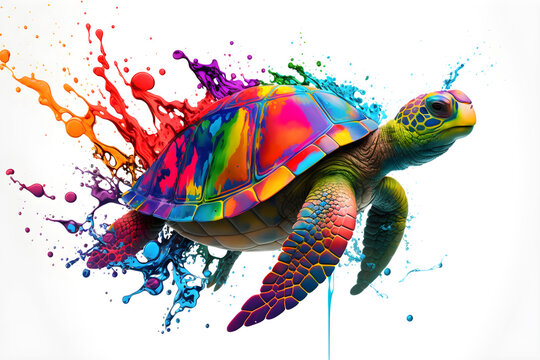 Graffiti with a turtle on the wall with a splash, color art