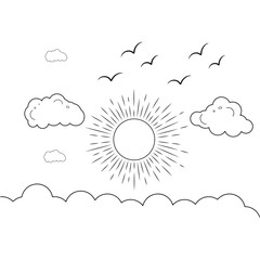Sun and clouds line art drawing style, Clouds in the sky,sun and Cloud kids drawing for nursery, nature sun weather,clouds weather outline style landscape, Coloring Pages elements.
