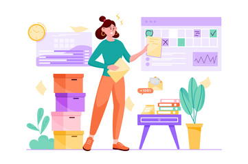 Deadline purple concept with people scene in the flat cartoon style. Worker plans her day to have time to do all the tasks.