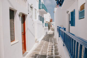 narrow street in village island of Mykonos, Greece,