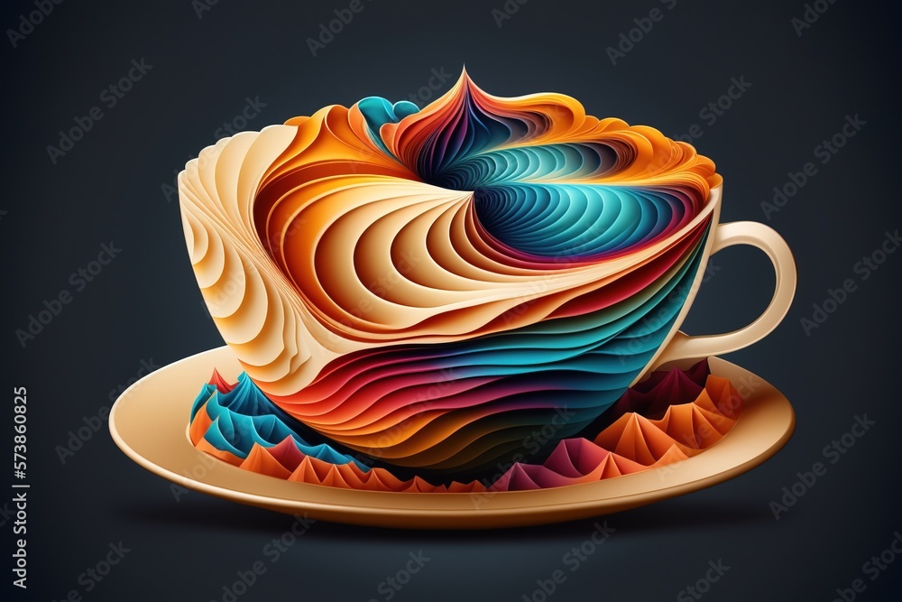 Poster a colorful cup of coffee with a saucer on a plate on a black background colorful flat surreal design