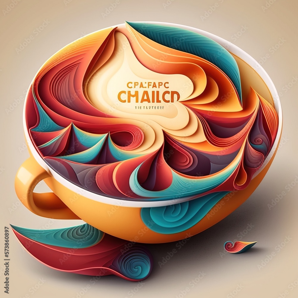 Poster a colorful cup with a swirly design on it's side and the words craftific colorful flat surreal desig