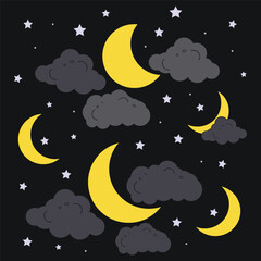 set of Black and Yellow Moon,star and clouds weather icon for mid night wallpaper,landscape Vector background
