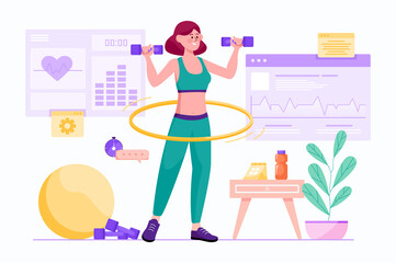 Fitness gym purple concept with people scene in the flat cartoon style. People do physical exercises on the gym to keep their body in a good shape.