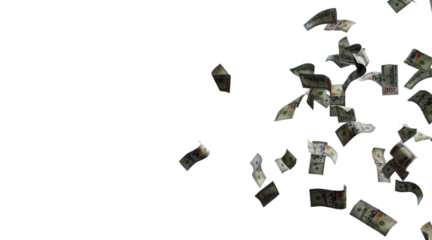 Money rain, dollar banknotes fly. Isolated on transparent background