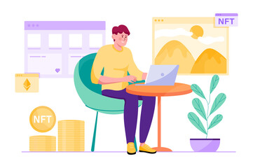 NFT purple concept with people scene in the flat cartoon design. Man digitizes various things on the Internet and earns money from it.