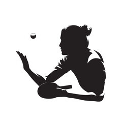 Table tennis serve, isolated vector silhouette, ink drawing. Ping pong female player. Active woman - obrazy, fototapety, plakaty