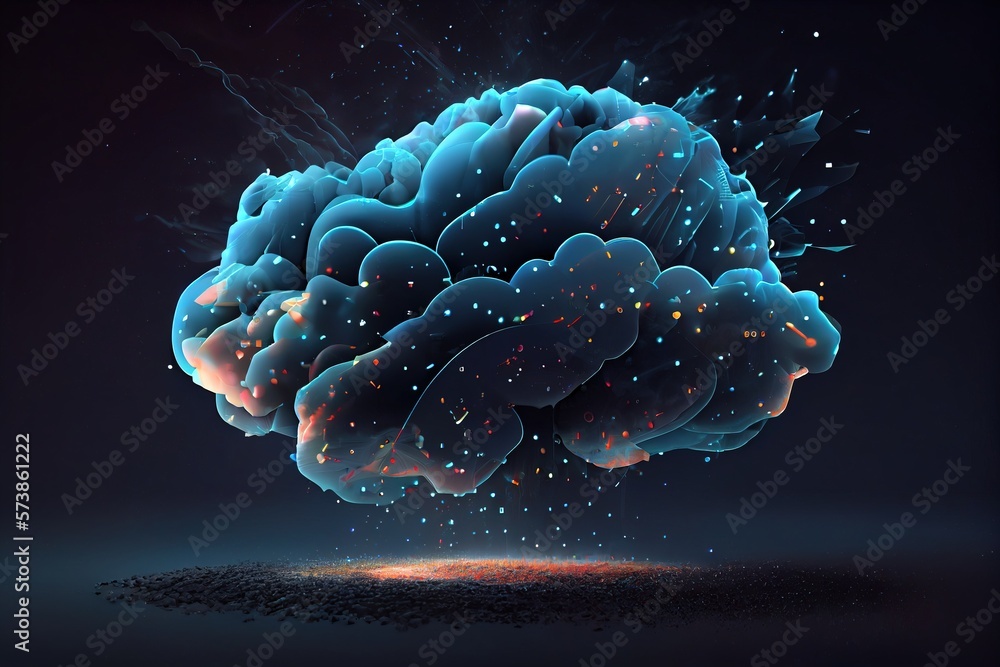Poster a computer generated image of a brain with a lot of bubbles and stars in the background affinity pho