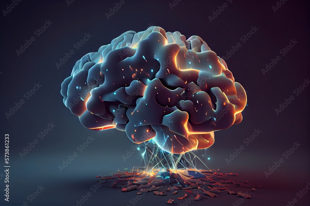 Poster a computer generated image of a brain in a dark room with a blue background and a red and yellow lig