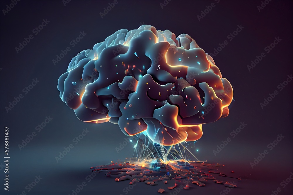 Poster a computer generated image of a brain exploding into pieces of glass and liquid on a dark background