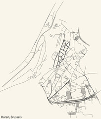 Detailed hand-drawn navigational urban street roads map of the HAREN of the Belgian city of BRUSSELS, Belgium with vivid road lines and name tag on solid background