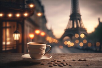 coffee cup in front of an illuminated street with the eiffel tower in the background, generative ai